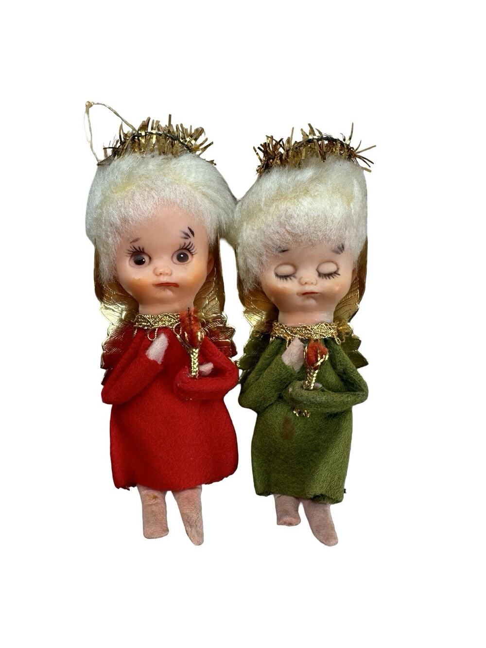 Vintage Japan Christmas Angel Doll Ornaments Pair Sleepy Awake Felt Rubber Face